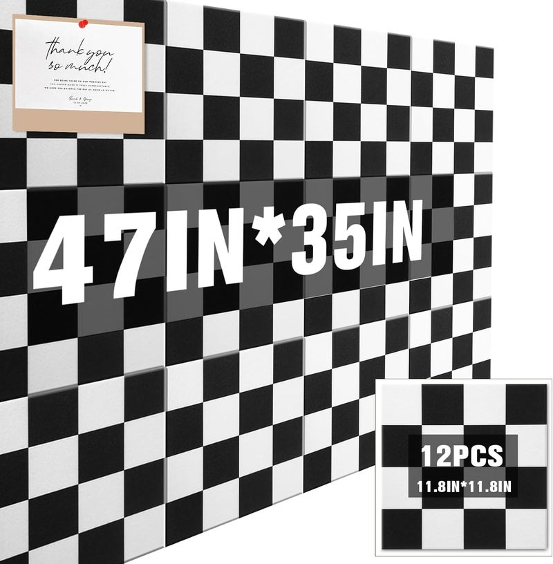 Geyoga 12 قطعة لوح فلين للجدار 12 × 12 بوصة لوح إعلانات مزخرف باللونين الأسود والأبيض لوحات جدارية صوتية بلاط شعري لطيف ذاتية اللصق للديكور المعلق للمكتب والمنزل والفصل الدراسي (كلاسيكي) - Image 1